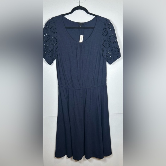 NWT Talbots Navy Blue Midi Eyelet Puff Sleeve Dress with Elastic Waist. Size L. - Picture 1 of 9